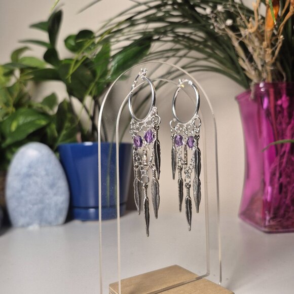 Handmade Bohemian Hoop Earrings with Feathers and Moons - Picture 3 of 3